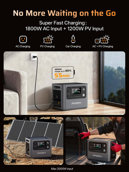 AFERIY P280 fast charging options: AC, solar, car and AC + solar